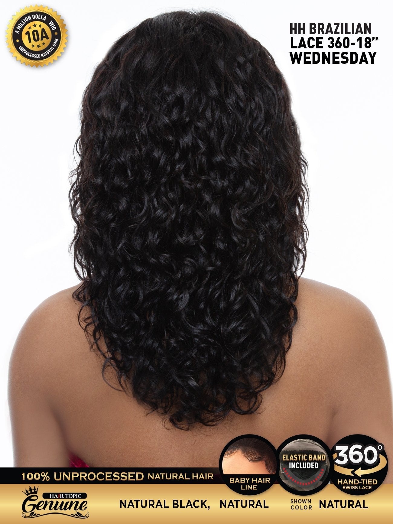 Hair Topic Genuine 10A HH Brazilian Lace 360-18" Wig WEDNESDAY